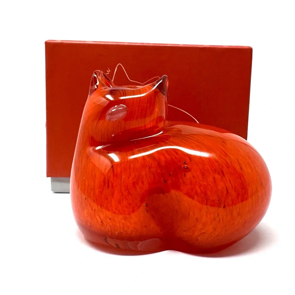 WEST ELM orange glass cat paperweight, NWOT